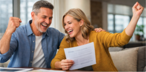 Toronto homeowners celebrating improved finances after mortgage renewal strategy.