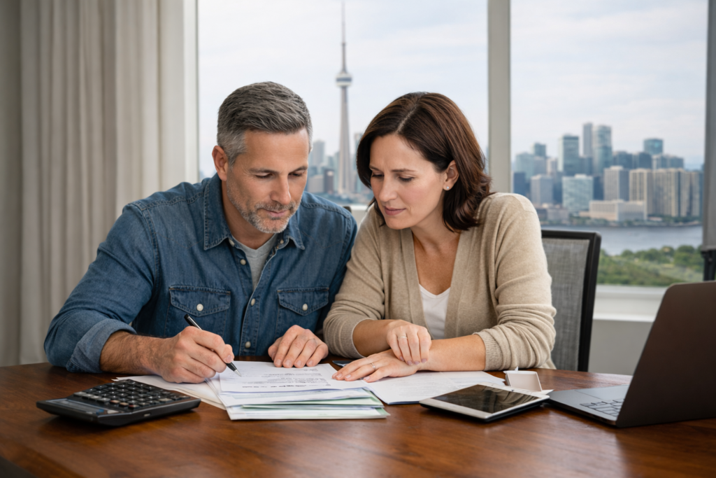 Toronto homeowners planning mortgage renewal strategy with financial documents.